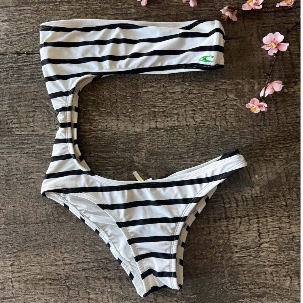 Y2K O'Neill Monokini One Piece Swimsuit Striped Asymmetric Cutout Anchor Small